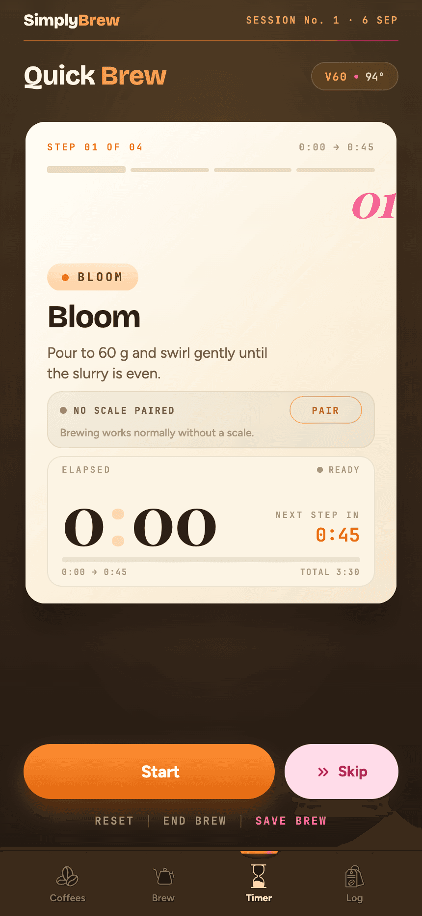 SimplyBrew app — guided timer