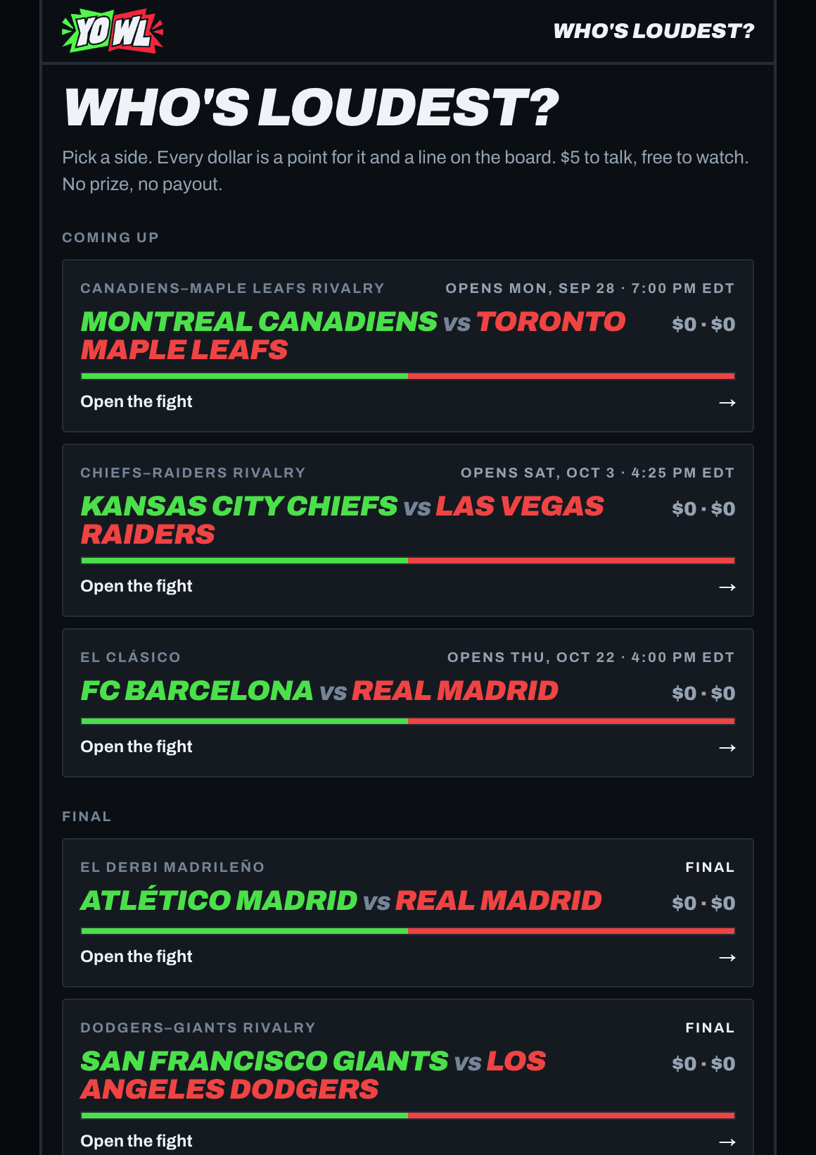 YOWL public app showing rivalry boards